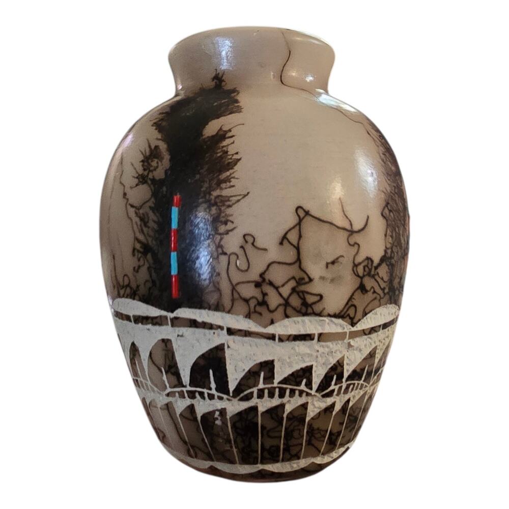 Native American Navajo horsehair pottery vase w/Turquoise and Red Coral